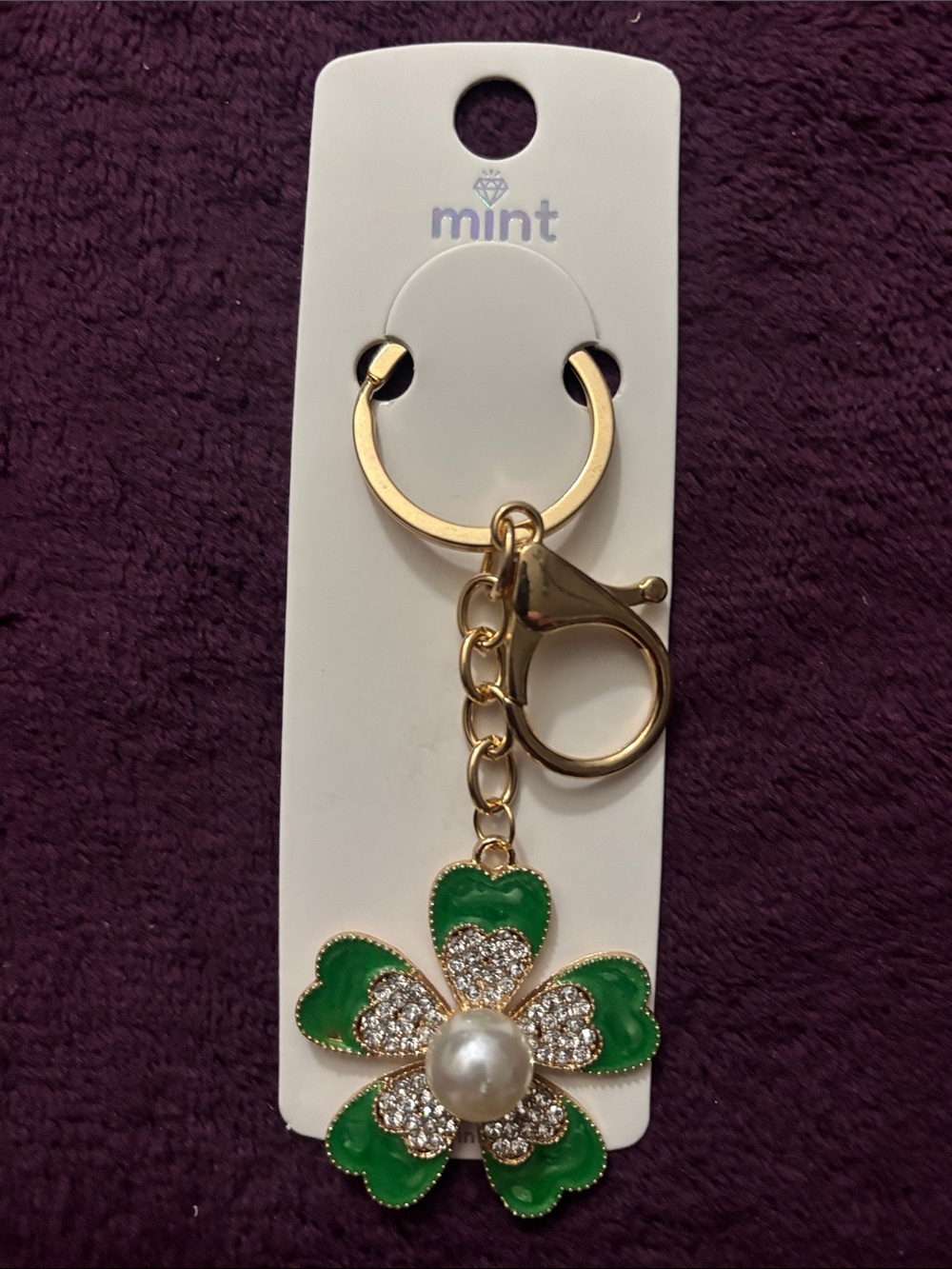 mint Gold Clover Keychain with Green Enamel, Pearl & Crystals
